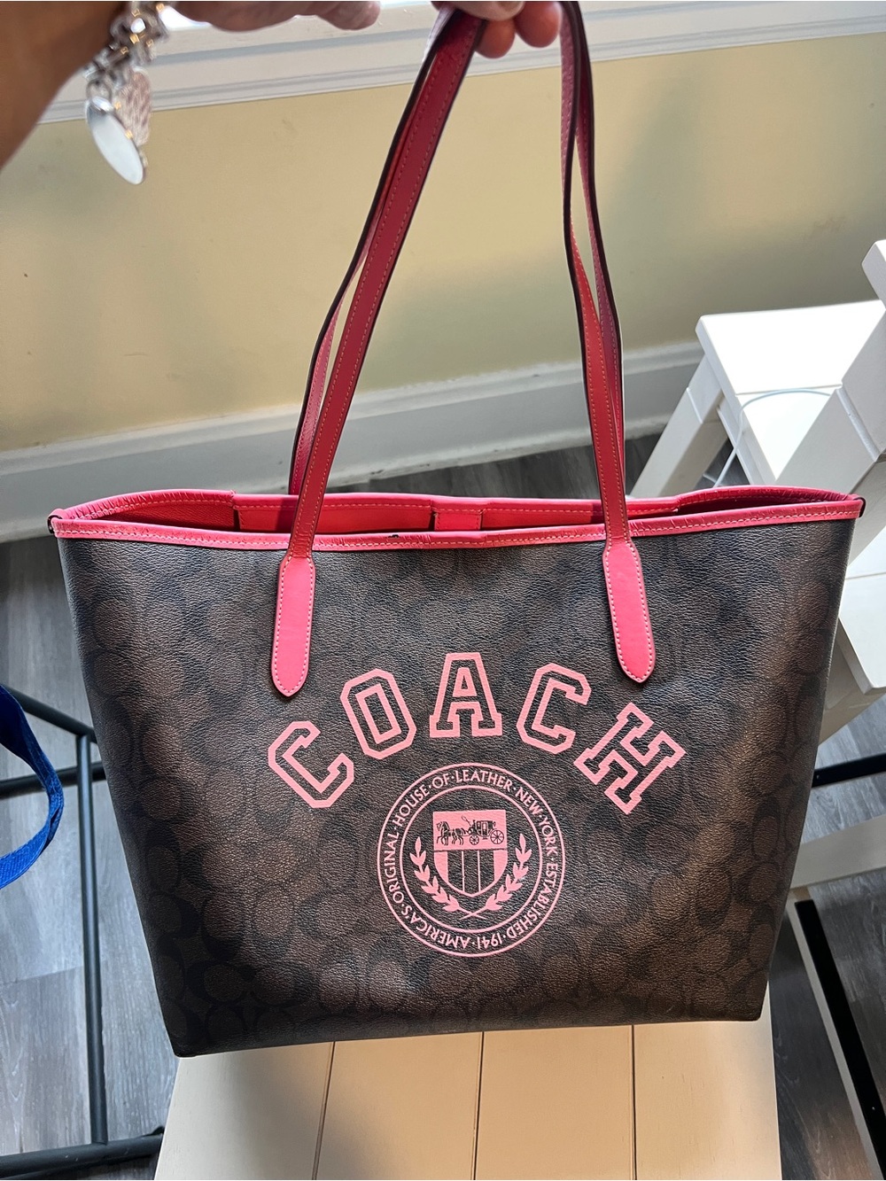 Coach Brown Coated Canvas Tote with Pink Trim